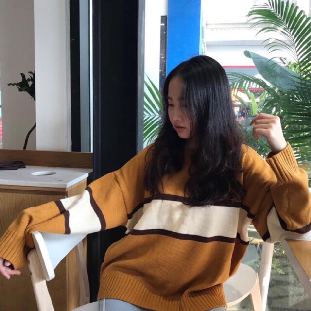 Áo len kẻ ngang bản to from rộng siêu hót ( ảnh thật)