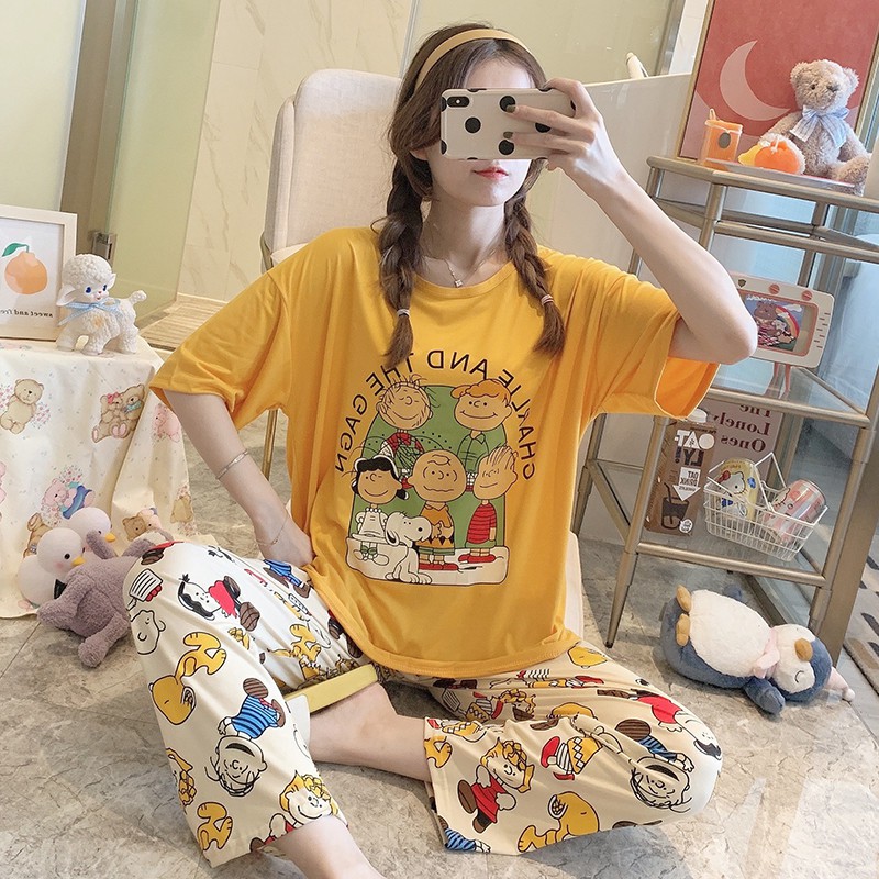 Bộ ngủ áo cộc quần dài thun sữa mềm mịn freesize CDTT02