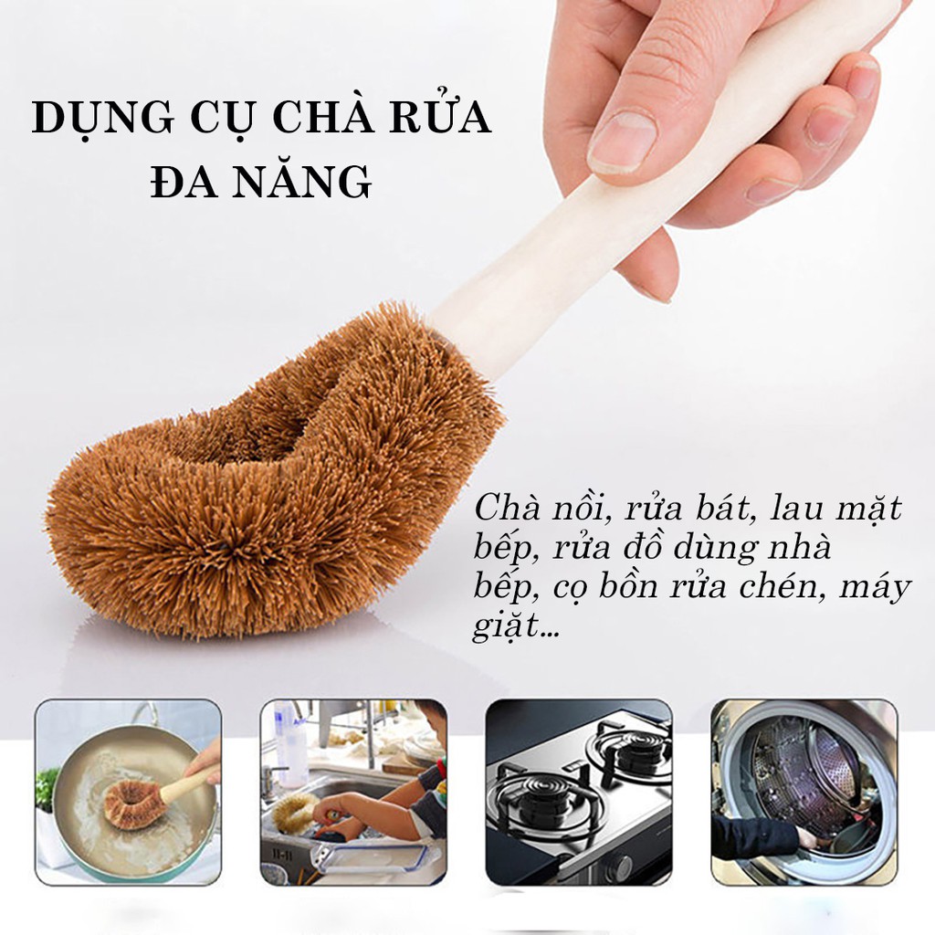 Bàn chải rửa bát nồi bằng xơ dừa tự nhiên chống dính dầu bàn chải cán gỗ dài đa năng tiện lợi Phặn Phặn