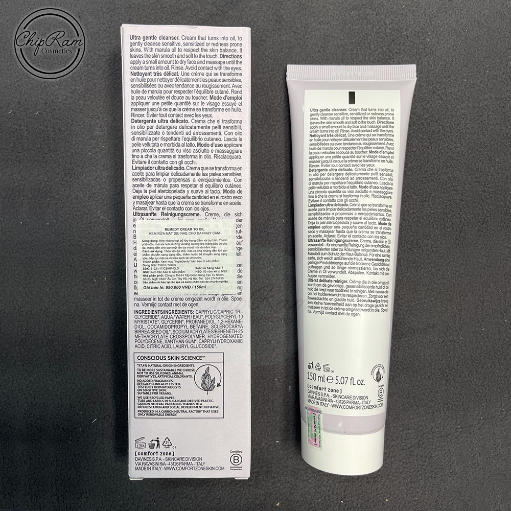Sữa rửa mặt đặc biệt dịu nhẹ Comfort Zone Remedy Cream to Oil cho da nhạy cảm 150ml