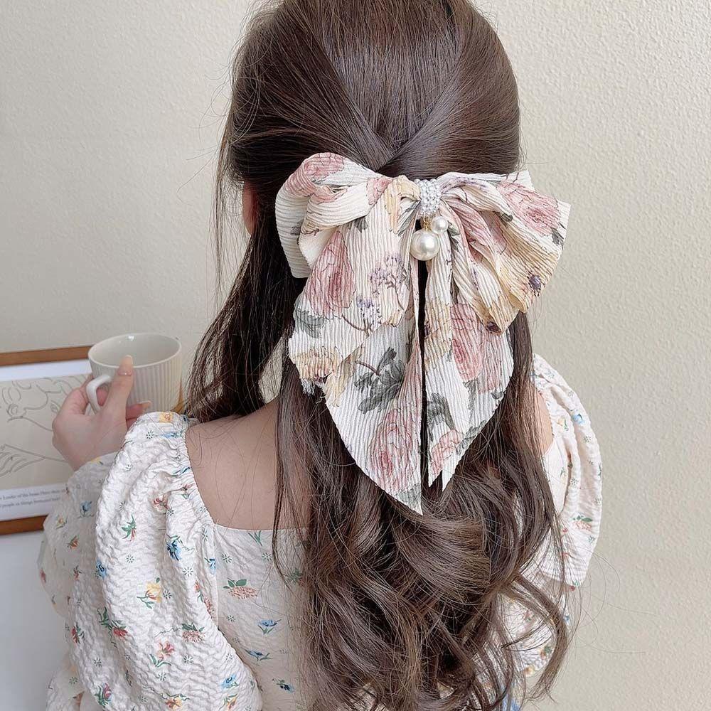 Kẹp Tóc Nơ Ruy Băng Màu Ngà Phong Cách Hàn Quốc Cho Nữ