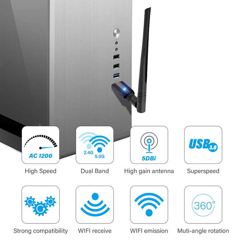 Anten wifi thu tín hiệu Ac 1200Mbps 5G/2.4G 5Dbi có đầu cắm Usb 3.0