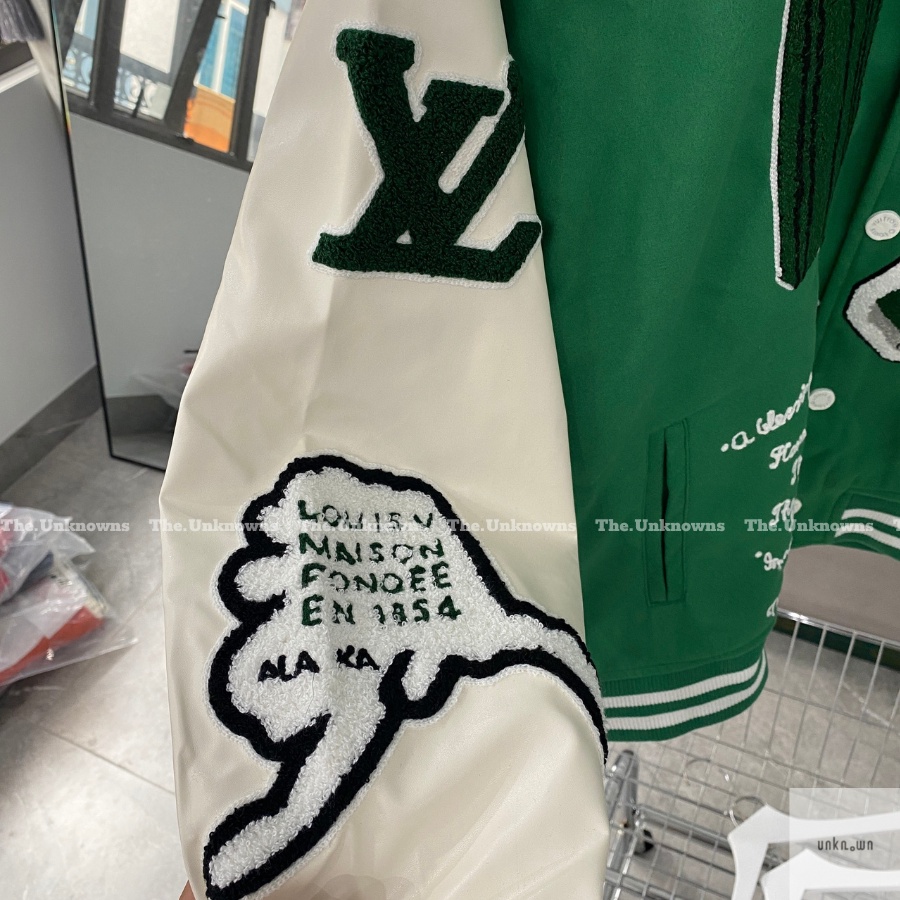 👑 👑-Áo Khoác Luonvuituoi Varsity Leather Jacket Green,Áo Bomber cao cấp full túi tag