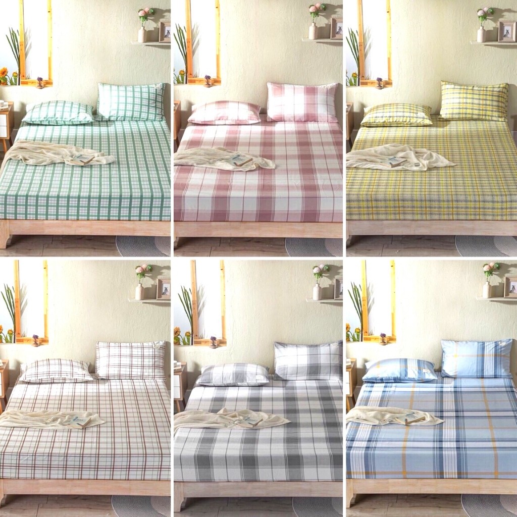Bộ chăn ga gối , drap giường 3 chi tiết cotton TC họa tiết kẻ nhiều màu sắc