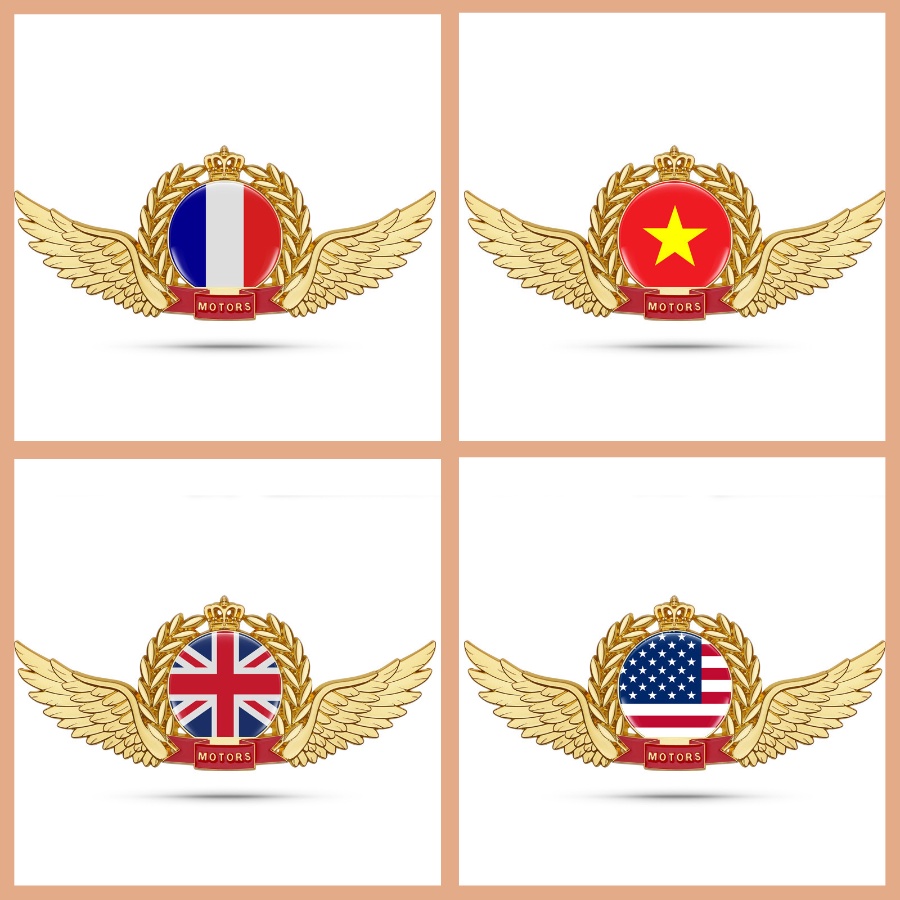 Tem Dán Xe Ô Tô Decal Kim Loại 3D Logo Quốc Kỳ Các Nước Trên Thế Giới Hình Cánh Chim Trang Trí Ô Tô [Hàng Cao Cấp]
