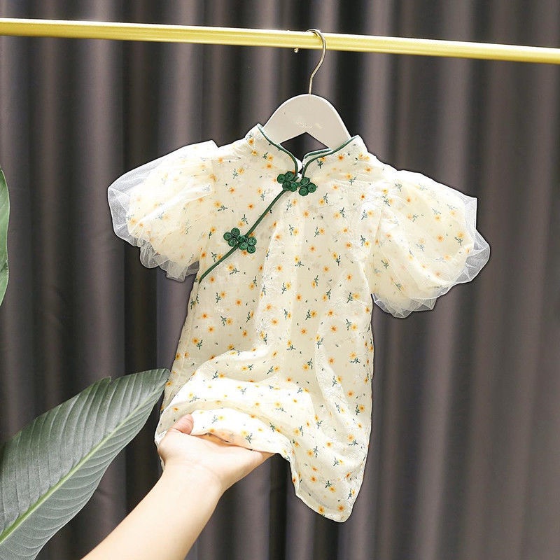 Sườn Xám Ngắn Tay In Hoa Thời Trang Mùa Hè Mới Dành Cho Bé Gái