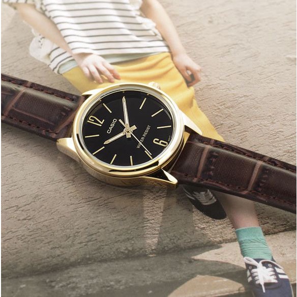 Đồng hồ Nữ Casio LTP-V005GL-1B, đồng hồ chính hãng, dây da nâu mặt đen