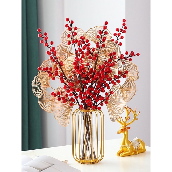 Bình đào đông tài lộc màu đỏ kèm bình hoa kim loại cao cấp cắm sẵn quà tặng tân gia khai trương