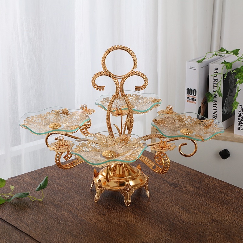 Khay đựng bánh kẹo hoa quả 4 đĩa khung kim loại đĩa thuye tinh trang trí Huydecor