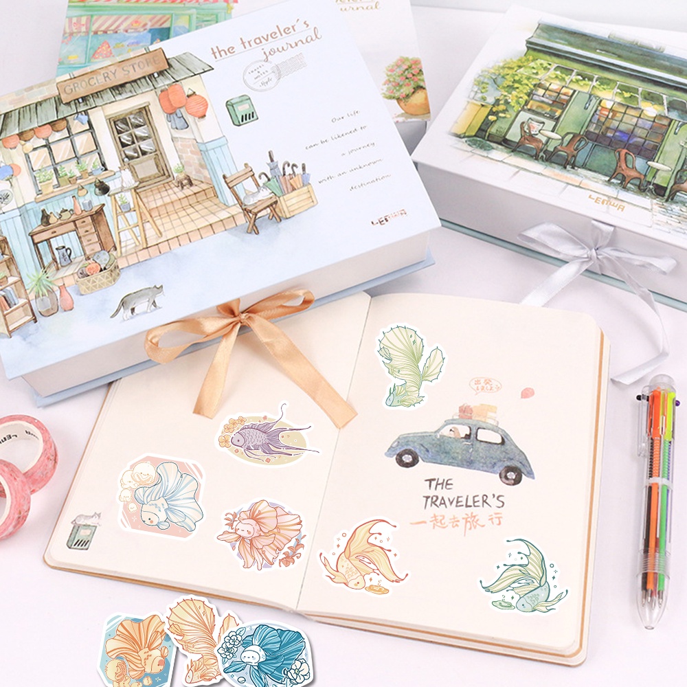 Bộ 50 Miếng Dán Trang Trí Laptop Chống Thấm Nước Hình Cá Hoạt Hình Dễ Thương