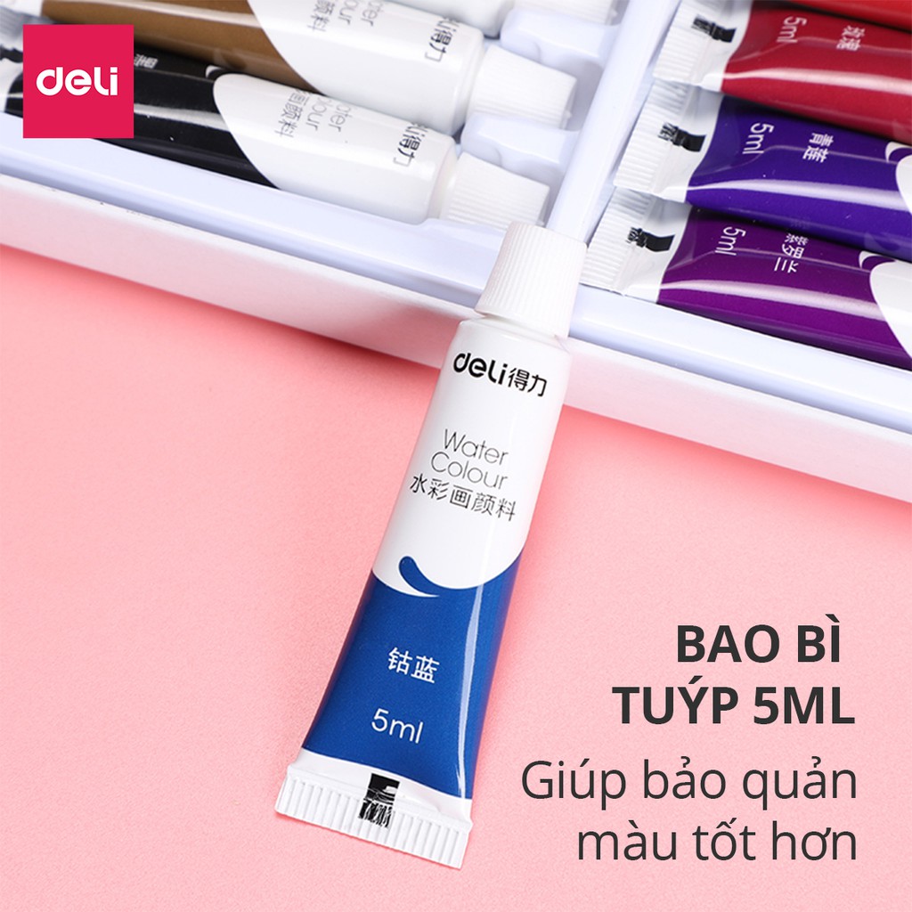 Màu nước dạng tuýp 5ml mini Deli 12/24 màu kèm cọ vẽ và khay pha màu chân dung phong cảnh an toàn với người sử dụng73861