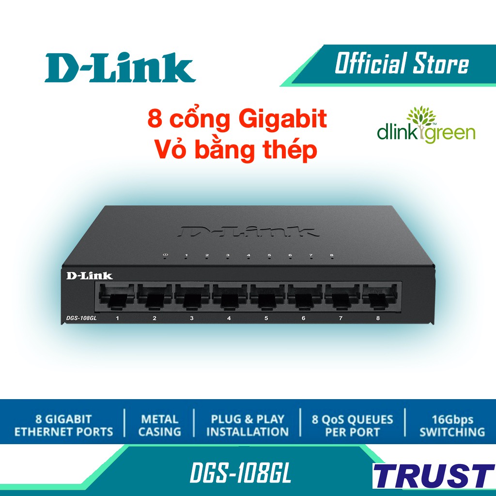 Gigabit Vỏ thép- Bộ chia mạng Switch 8 cổng RJ45 10/100/1000 Mbps-D-LINK DGS-108GL - Hàng Chính Hãng