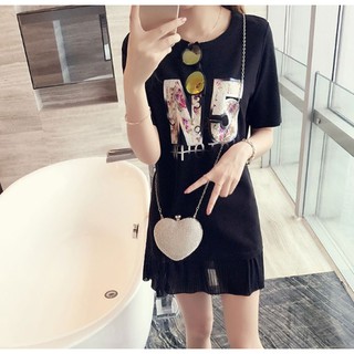 Đầm thun đen form suông ngắn phối voan dập li chữ N5 size 2XL