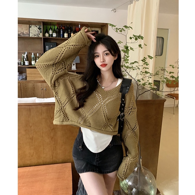 Porozi  Áo sweater dệt kim cổ v tay dài họa tiết hình thoi rỗng kiểu Hàn Quốc thời trang cho nữ