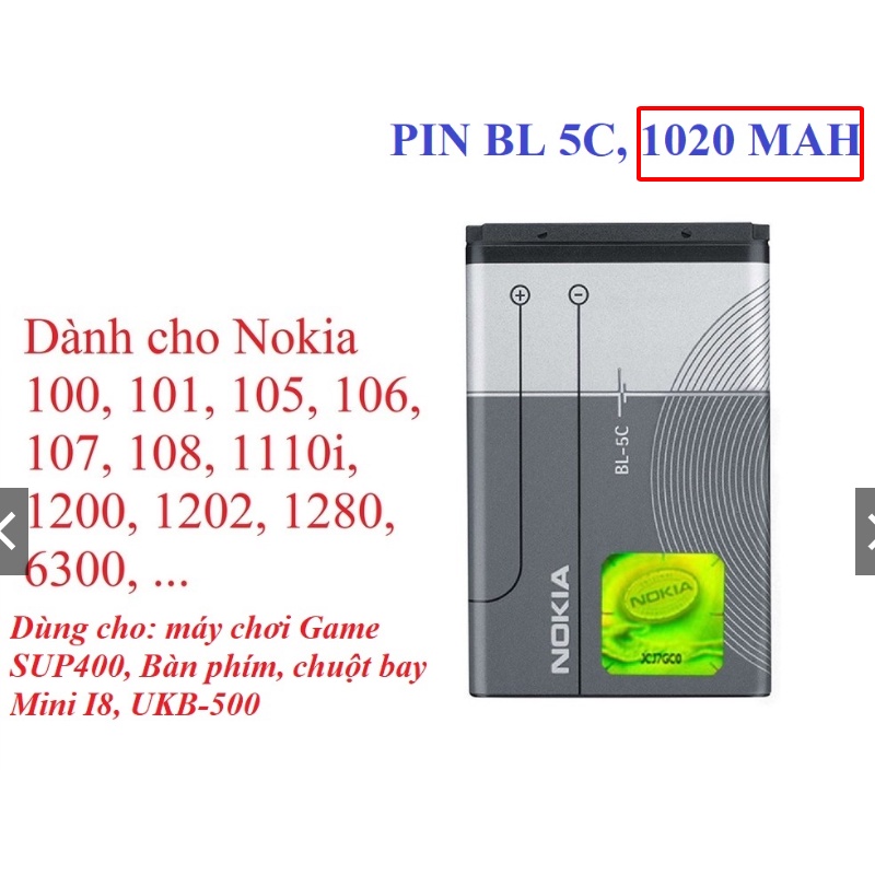 Pin nokia Bl 5C - Pin 3 Gân 2IC Xịn Chống Phù Cho Nokia 1280, 105, 110i viveo pin zin  vàng