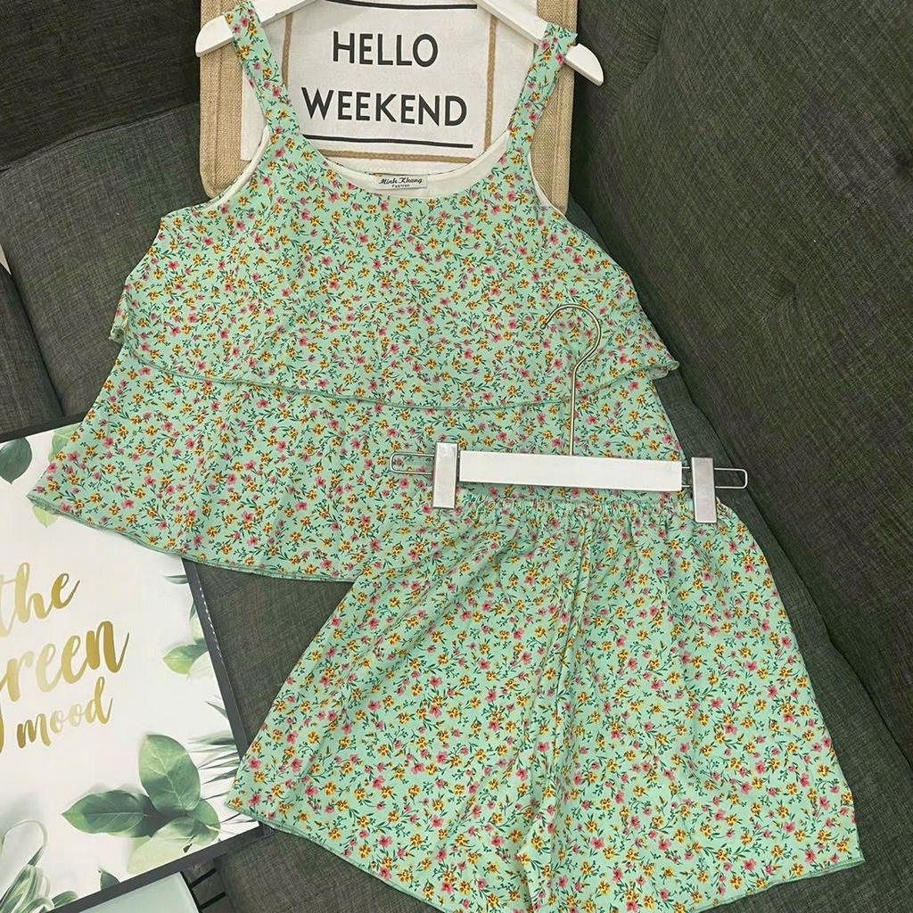 Set đồ ngủ đùi nữ 2 dây bản phối tầng siêu xinh chất liệu lụa hàn mềm mịn mát freesize dưới 57kg