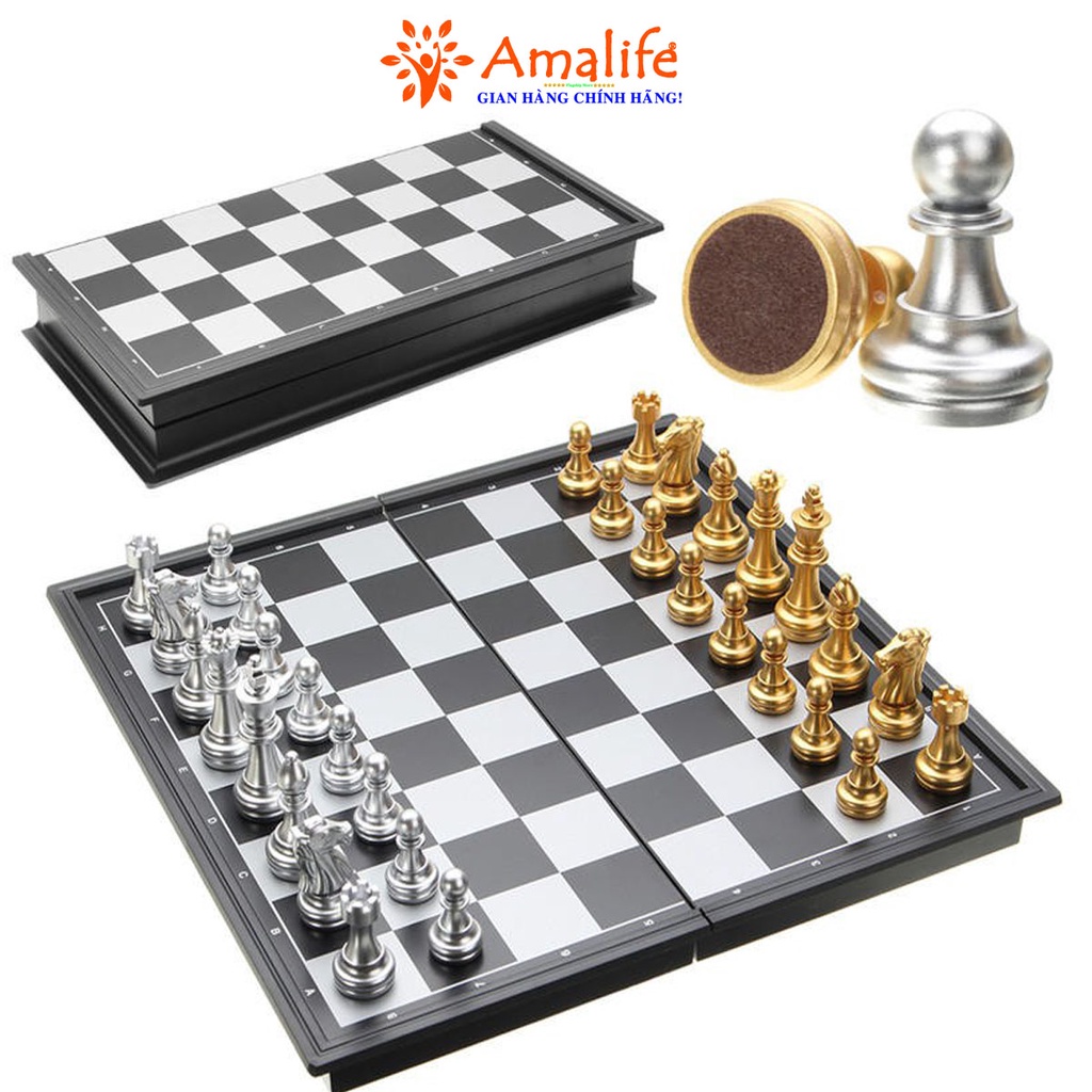 Bộ Cờ Vua Nam Châm Cao Cấp Cỡ Vừa 32cm Theo Tiêu Chuẩn Quốc Tế Phủ Nhũ Vàng Nhũ Bạc Hãng Amalife
