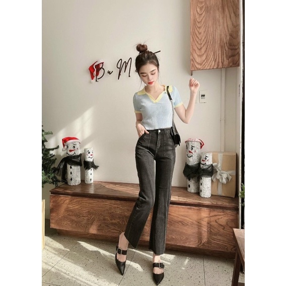 Quần jeans suông giãn túi vuông lưng cao mẫu mới siêu hot