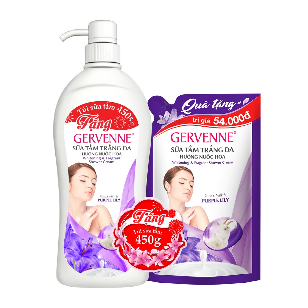 Sữa Tắm Trắng Da Gervenne Hương Hoa Lily Sắc Tím Xanh Hồng Chai 900g Tặng Thêm Túi 450g Hương Thơm Quyến Rũ