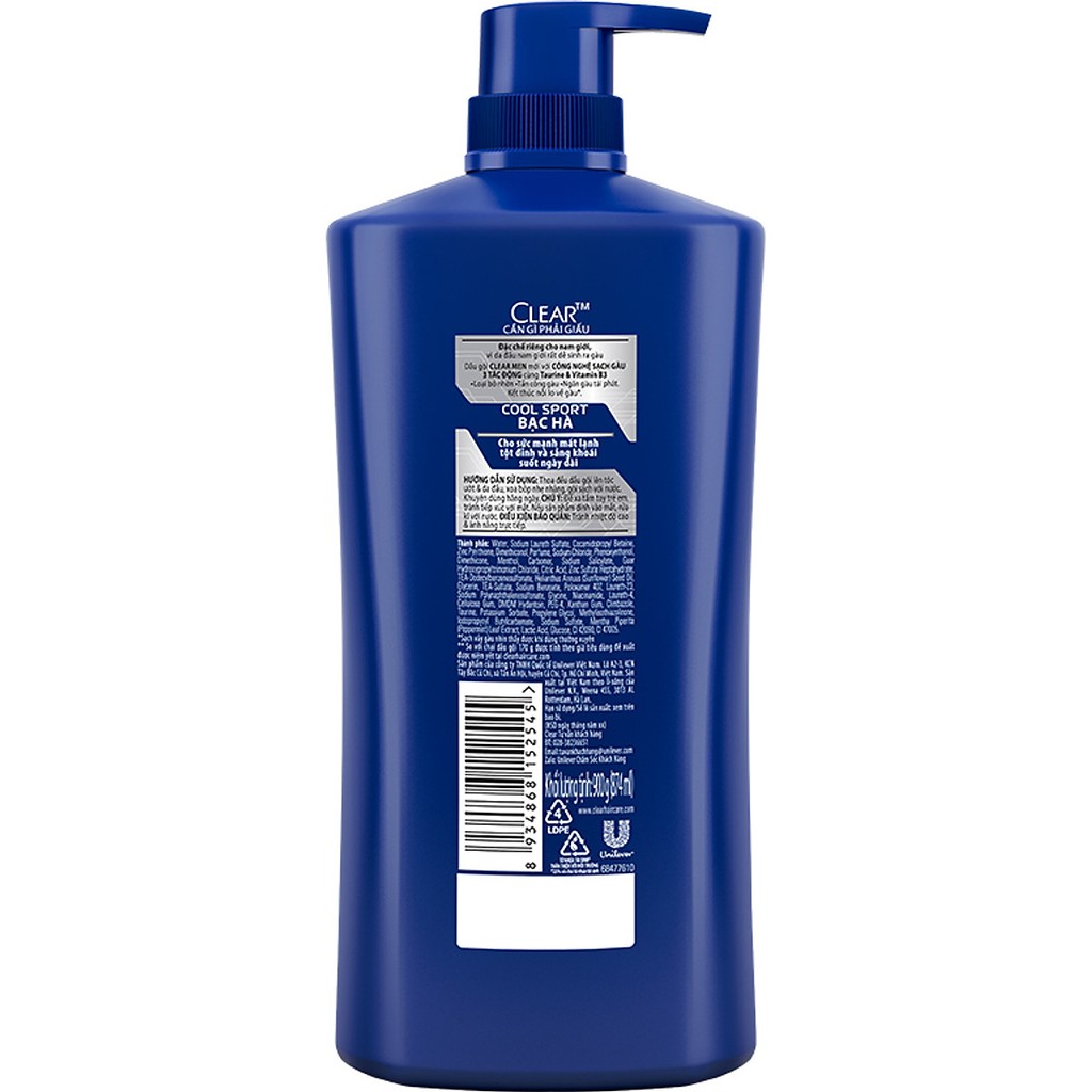 Dầu gội Clear Men Cool sport Bạc hà sạch gàu 880g