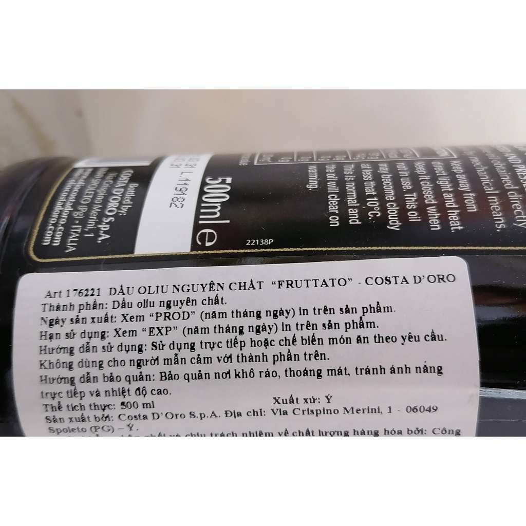 [500ml - FRUTTATO] DẦU Ô LIU NGUYÊN CHẤT ÉP LẠNH [Italia] COSTA D’ORO Extra Virgin Olive Oil