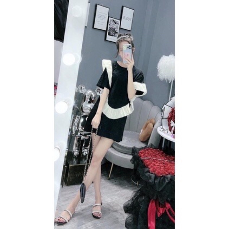 Áo Phông Phối Viền Bèo From Rộng Dáng Babydoll Giấu Quần Tiểu Thư Sẵn Tại Kho Kèm Ảnh Thật