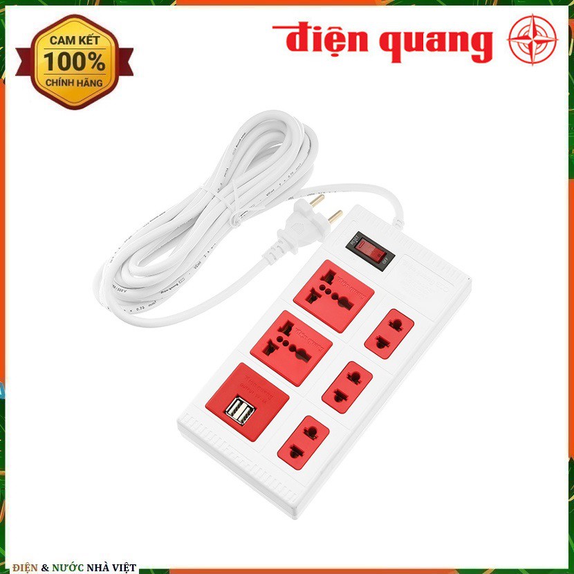 Ổ CẮM ĐIỆN QUANG CÔNG TẮC RESET BẢO VỆ QUÁ TẢI ĐA NĂNG 2 CỔNG SẠC USB ĐQ ESK 5WR 5ECO 2A – CÔNG SUẤT 2500W – 5 MÉT DÂY