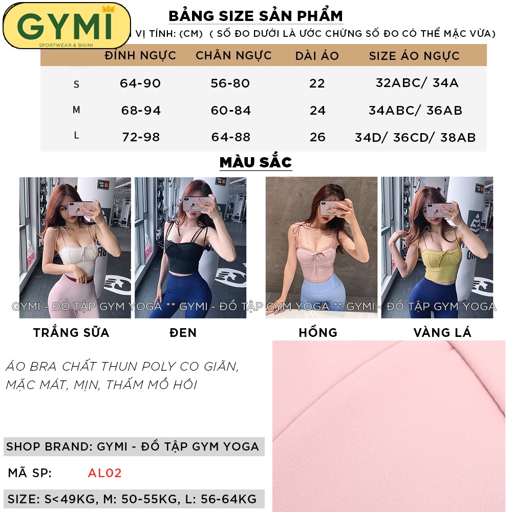 Áo bra tập gym yoga nữ GYMI AL02 chất thun poly thể thao cao cấp nâng đỡ ngực thiết kế 2 dây sexy