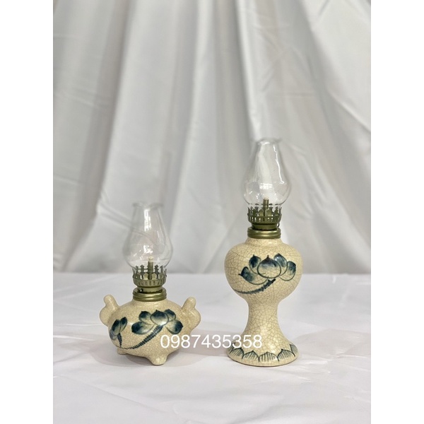 Đèn dầu men rạn vẽ sen  gốm sứ Bát Tràng
