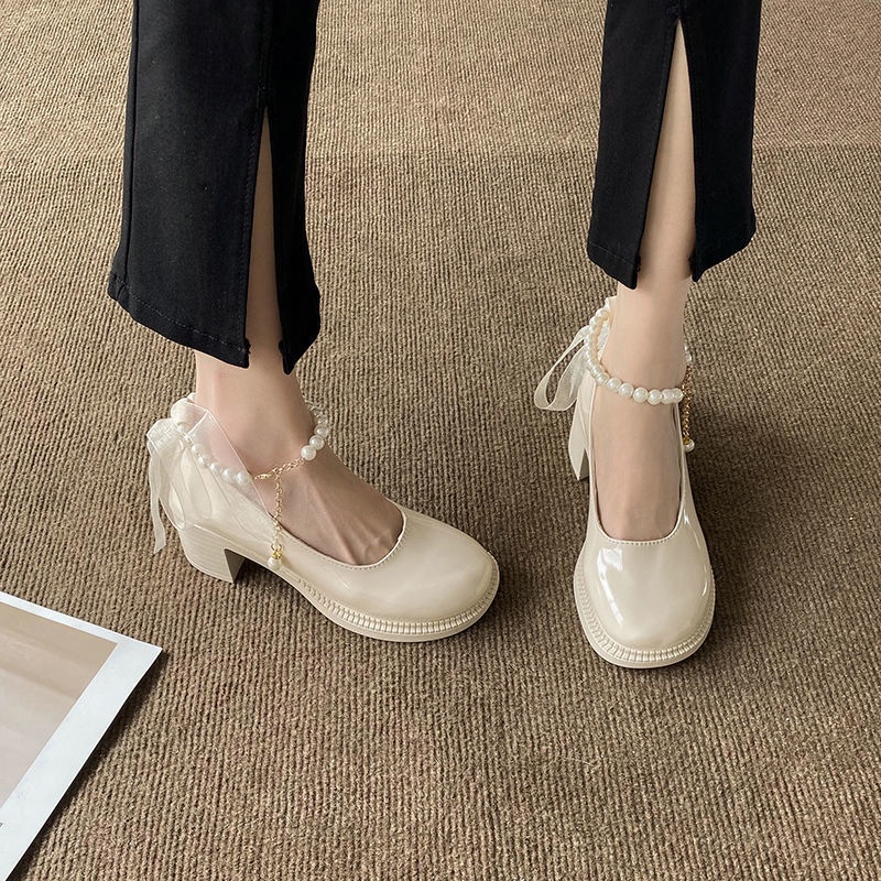 Giày Cao Gót Da Đính Ngọc Trai Phong Cách Pháp 2022 Thời Trang Cho Nữ