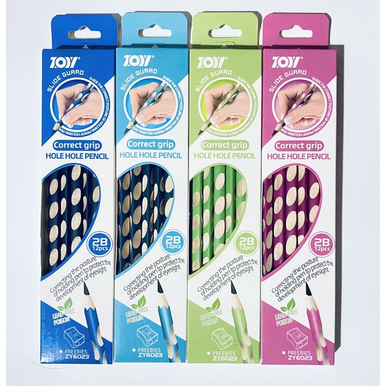 Hộp 12 bút chì gỗ định vị tay cầm 2B_Tặng 1 gọt chì