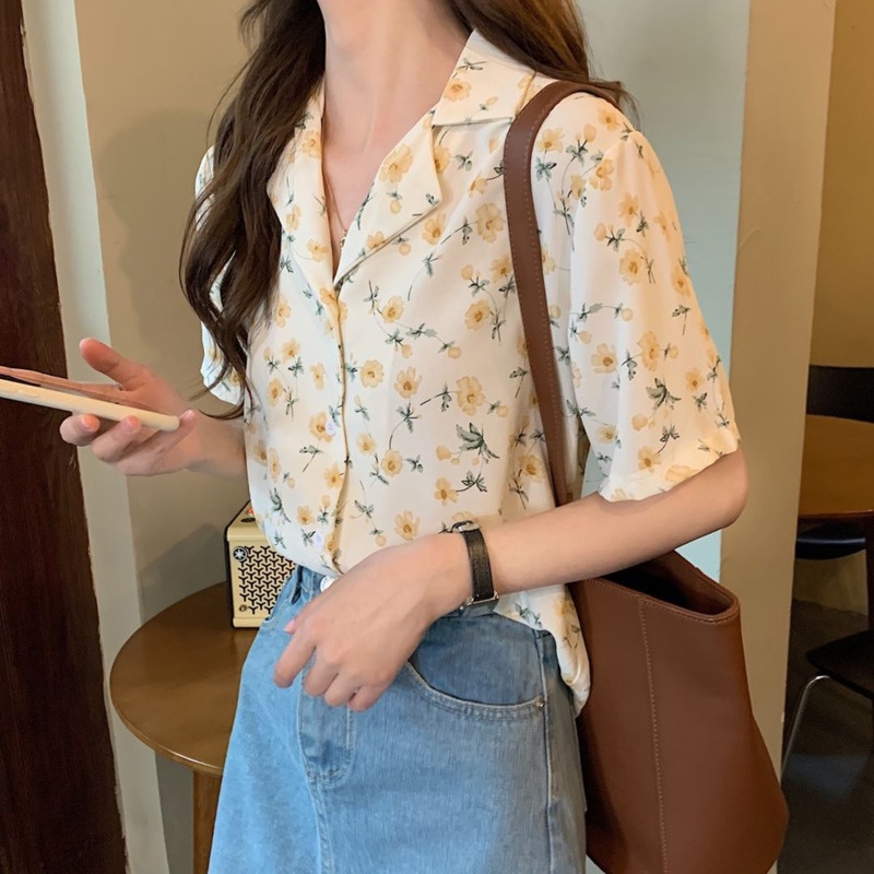 Áo Sơ Mi Chiffon Tay Ngắn In Họa Tiết Hoa Phong Cách Phương Tây Thời Trang Dành Cho Nữ