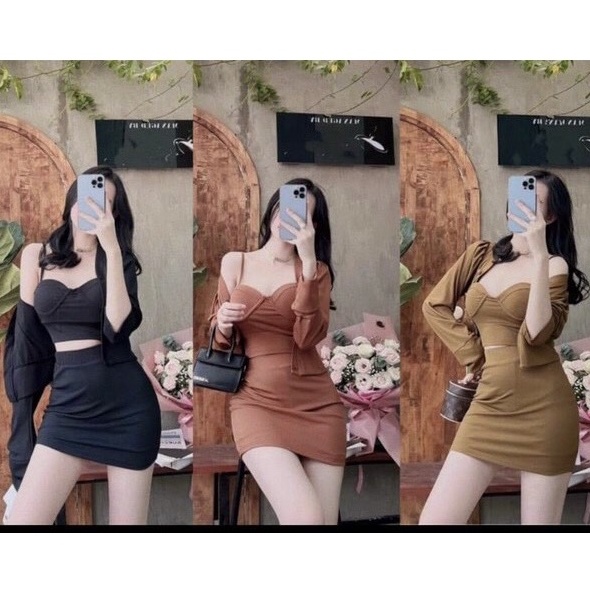 Sét bộ đồ nữ 3 món chân váy kèm áo khoác dài gợi cảm