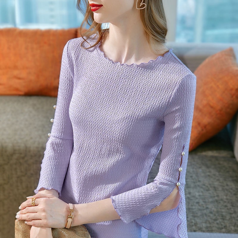 Áo Sơ Mi Chiffon Tay Dài Cổ Lá Sen Phong Cách Hàn Quốc Cho Nữ