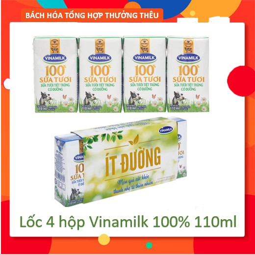 Lốc 4 Hộp Sữa Tươi Tiệt Trùng Vinamilk 100% 110ml | BigBuy360 - bigbuy360.vn