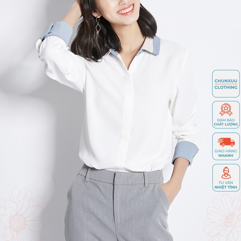 Áo sơ mi nữ trắng dài tay Chunxuu phối viền màu thanh lịch thời trang vải Tơ cao cấp - SP21