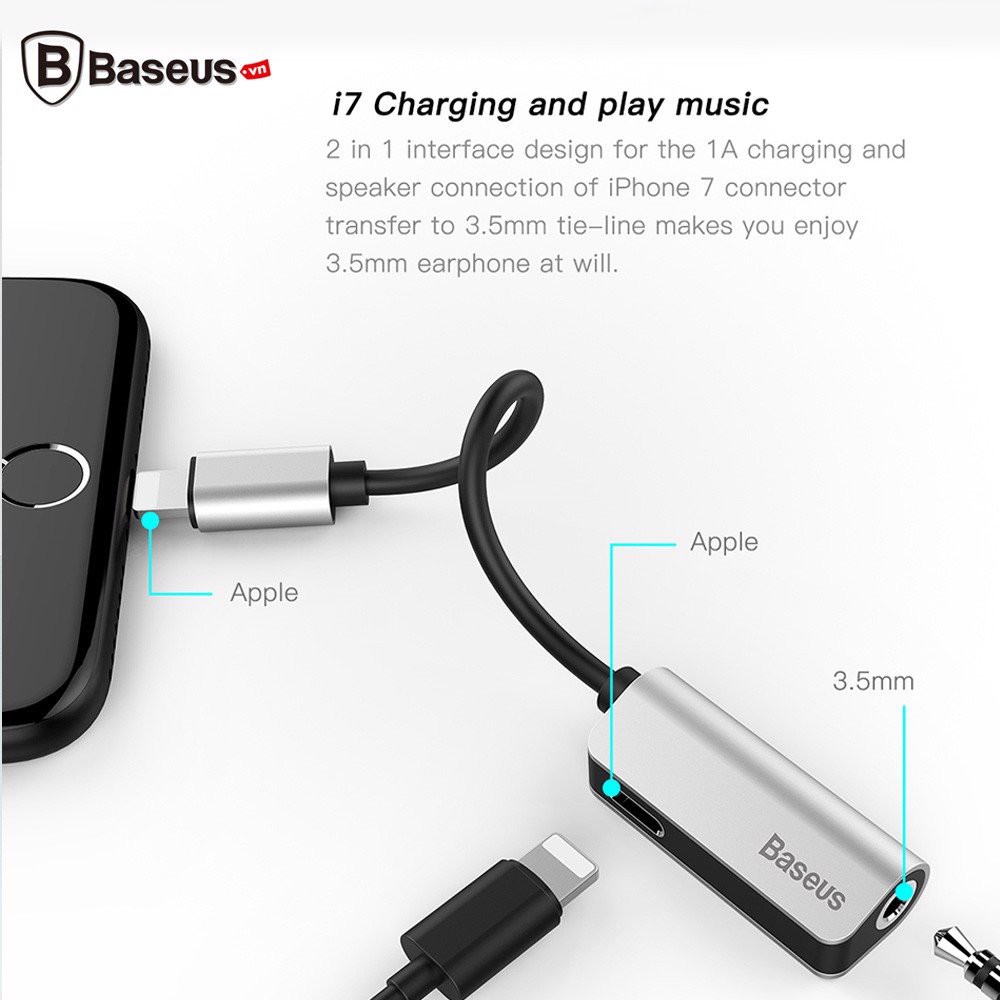 Bộ chuyển cổng Lightning sang Audio 3.5mm + Lightning tích hợp Baseus L32 cho iPhone 7/ 8/ iPhone X