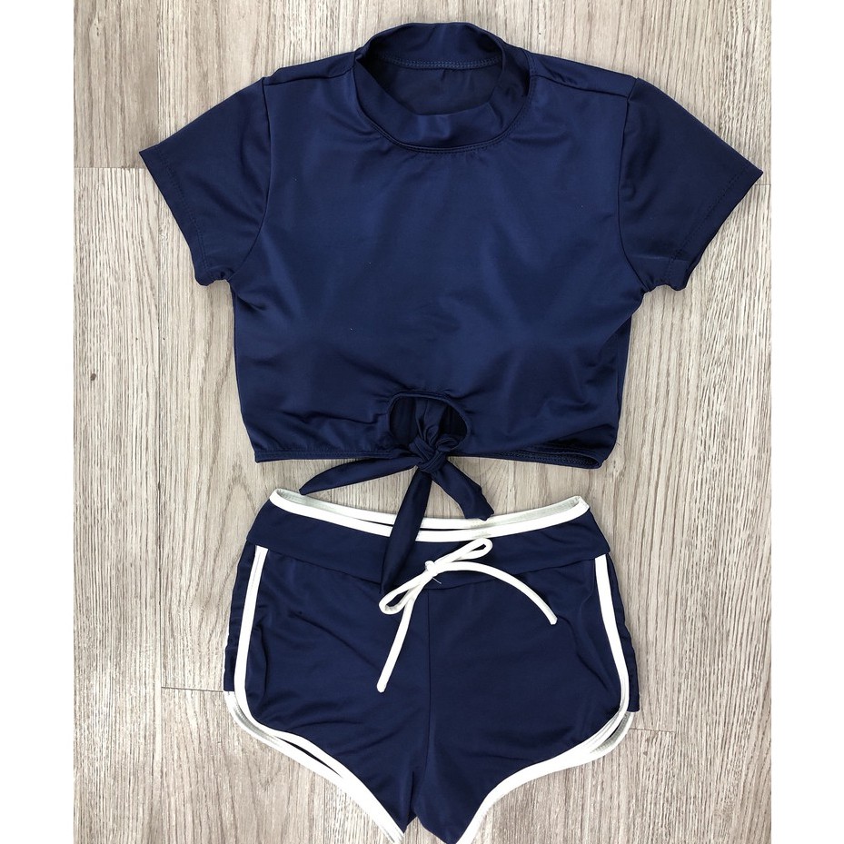 Bikini 2 mảnh áo cộc tay quần đùi viền trắng, bộ bơi tắm biển cho nữ buộc nơ bụng kín đáo Bikini191