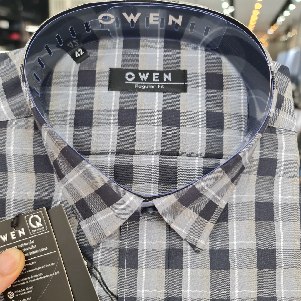 Áo Sơ Mi Nam Dài Tay Owen AR23217D Somi Công Sở Cao Cấp Màu Kẻ Caro Xám Dáng Suông có Túi Chất Sợi Tre Mềm Mát