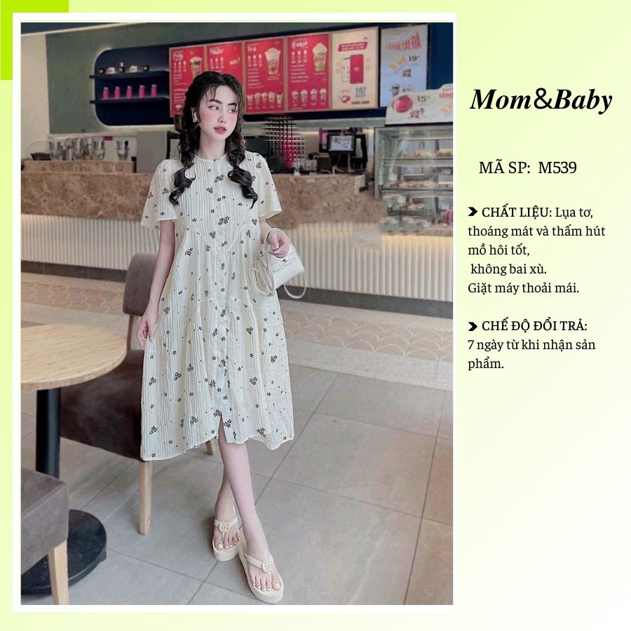Váy bầu ngắn tay hoa nhí dáng xuông thời trang thiết kế công sở xinh xắn Mom and Baby M539