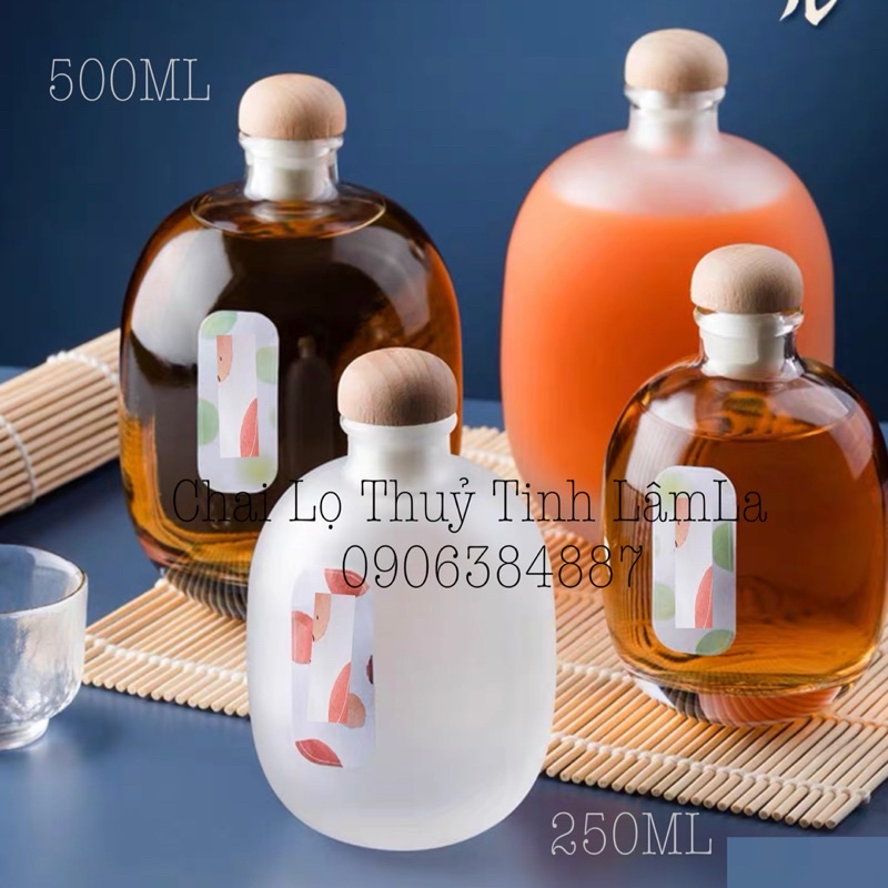 Bình Rượuu Thuỷ Tinh Tròn Nhám Mờ Nắp Gỗ Cao Cấp 100ML 250ML 500ML