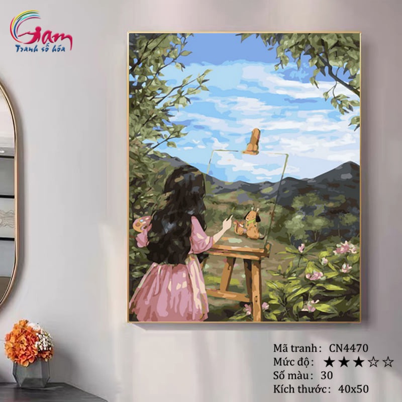 Tranh tô màu theo số căng khung sẵn mẫu cô bé tóc xù vẽ tranh CN4470 kt 40*50cm