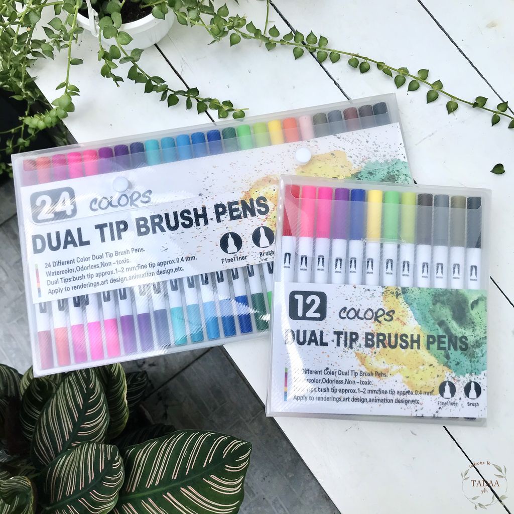 Set 12 bút brush, bút dạ nhiều màu 2 đầu dual tip brush pens trang trí sổ