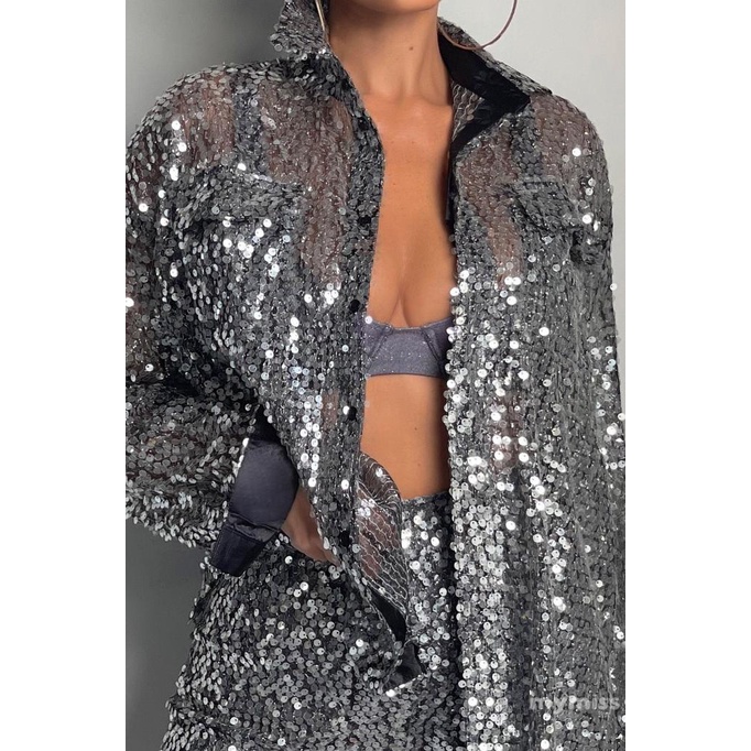 Mymiss1-áo Sơ Mi Nữ Tay Dài Đính Kim Sa Phía Trước Hoặc Quần Short Bodycon Mùa Xuân Hè