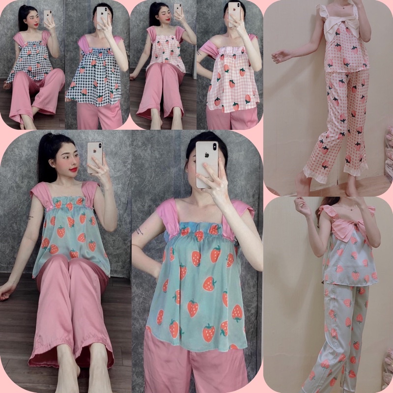 -Đồ ngủ nữ họa tiết dễ thương/ bộ pijama freesize 40-60kg / Bộ lụa mặc nhà cao cấp (Áo dây-quần dài)