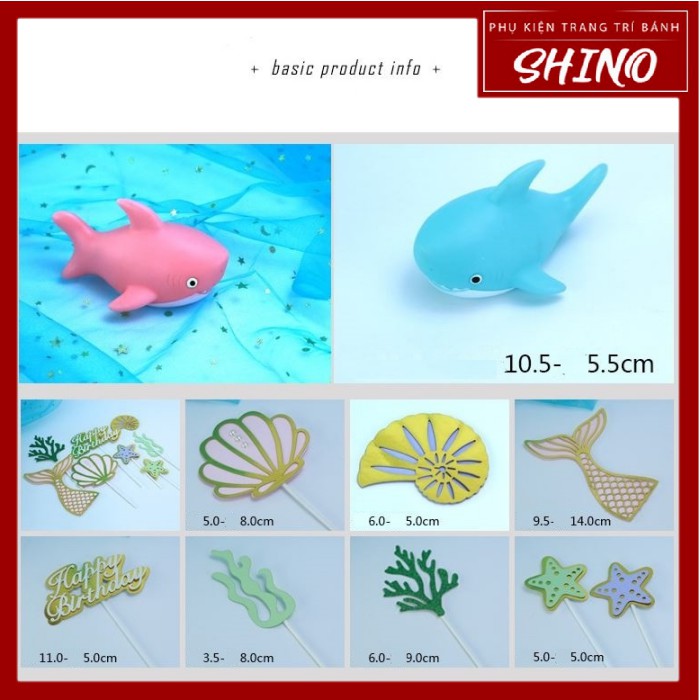 Topper/que cắm đại dương và cá mập trang trí bánh