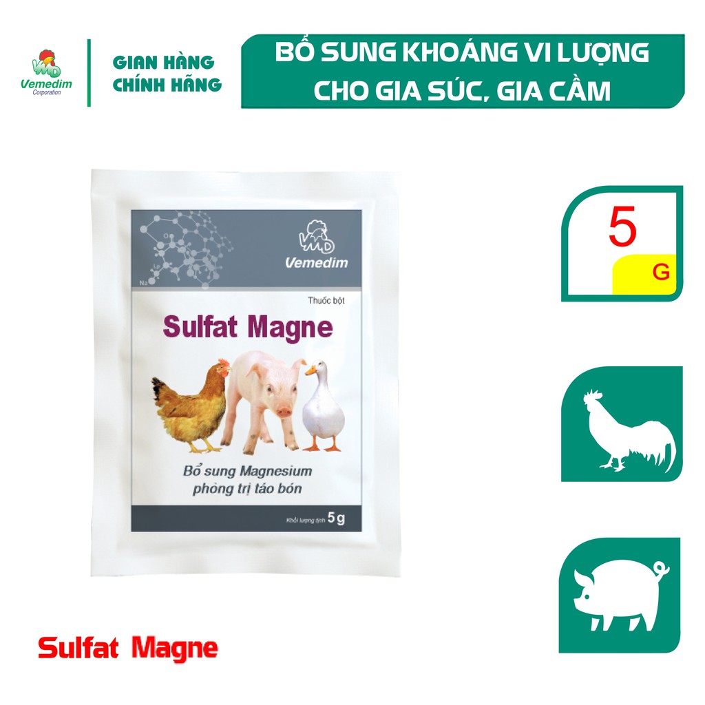 Vemedim Sulfate Magne bổ sung Magnesium, phòng táo bón cho gia súc, gia cầm, set 20 gói 5g