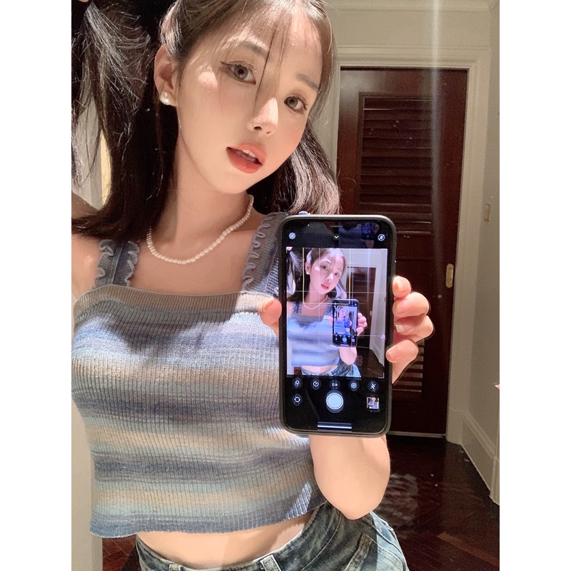 Áo yếm dệt kim ZHELIHANGFEI họa tiết vân kẻ sọc thời trang