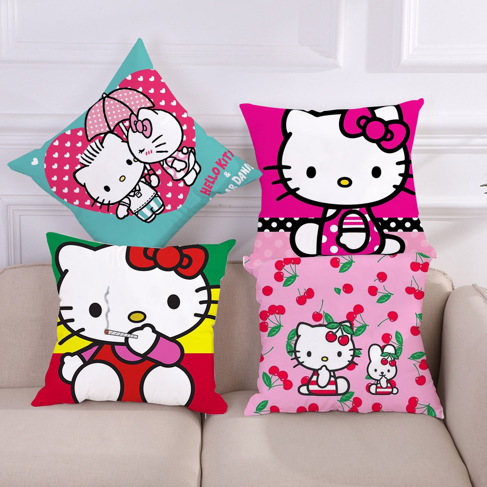 Vỏ gối bằng chất liệu cotton in hình mèo Hello Kitty dễ thương trang trí cho ghế sofa