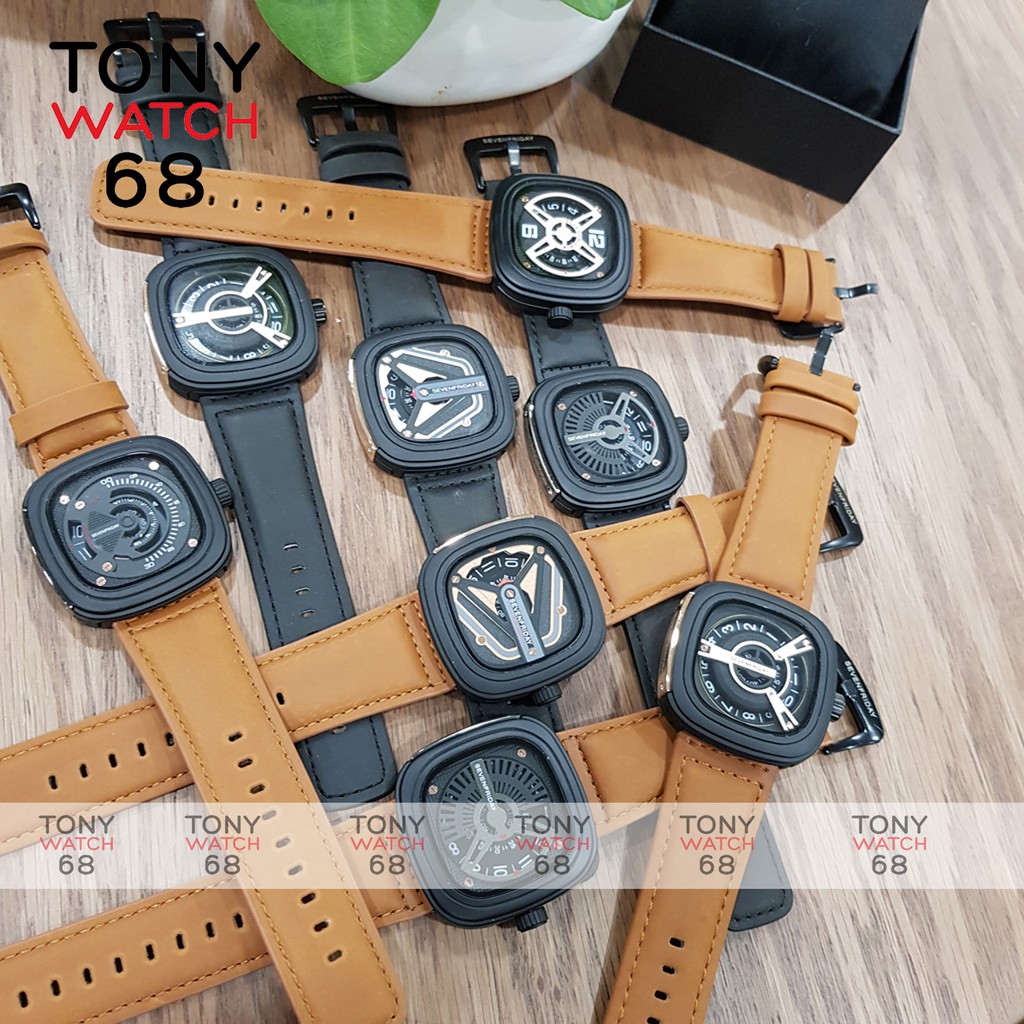 Đồng hồ nam Friday mặt vuông dây da kiểu dáng độc lạ chính hãng Tony Watch 68